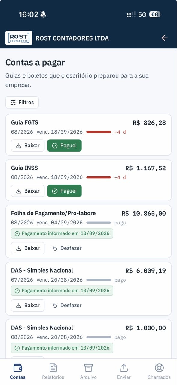 Portal do cliente no celular com contas a pagar e botão Paguei